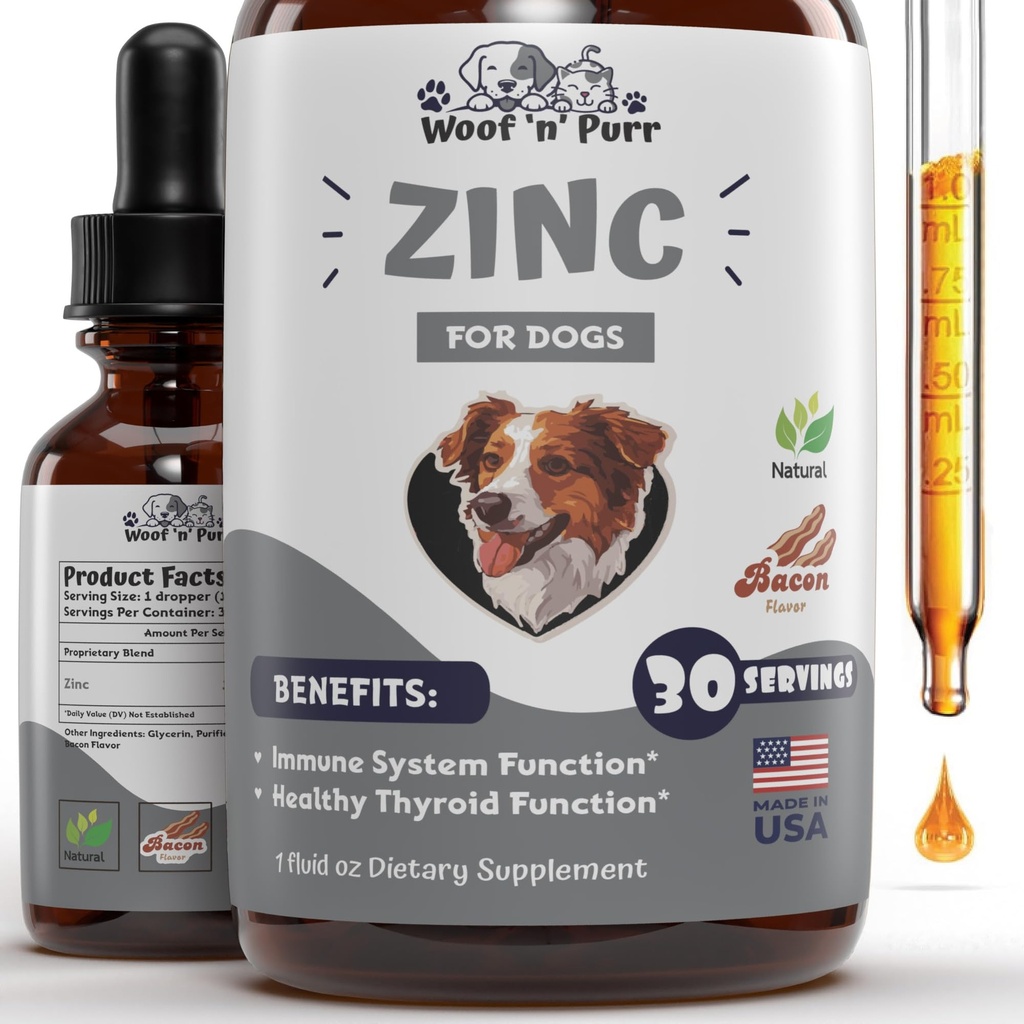 Zinc pentru câini - Dog Zinc Supliment - Ajuta pentru a sprijini sanatoasa piele, haina, Imuna sanatate & mai mult - Dog Zinc - Piele de câine și Coat Supliment - Piele si haina Supliment pentru câini - 1 fl oz - Bacon Flavor