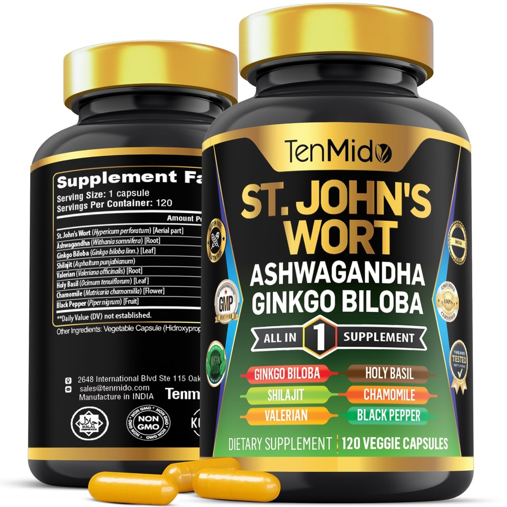 Suplimentul de Wont St.John - 8in1 Formula - Combinați cu Ashwagandha, Ginkgo Biloba, Shilaj, Valerian, Sfântul Basil, Mușețel și Pepper Negru - 120 capsule Vegane pentru 4 luni de aprovizionare