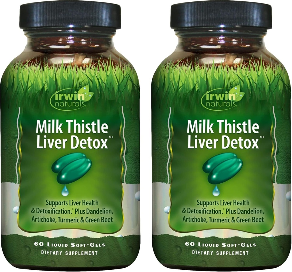Irwin Naturals Milk Thistle Liver Detoxifiere - 60 lichid Soft-Gels, Pachet de 2 - Suporta sanatatea ficatului cu Dandelion, Artichoke, Turmeric & Green Beet Root - 60 Total Serviri