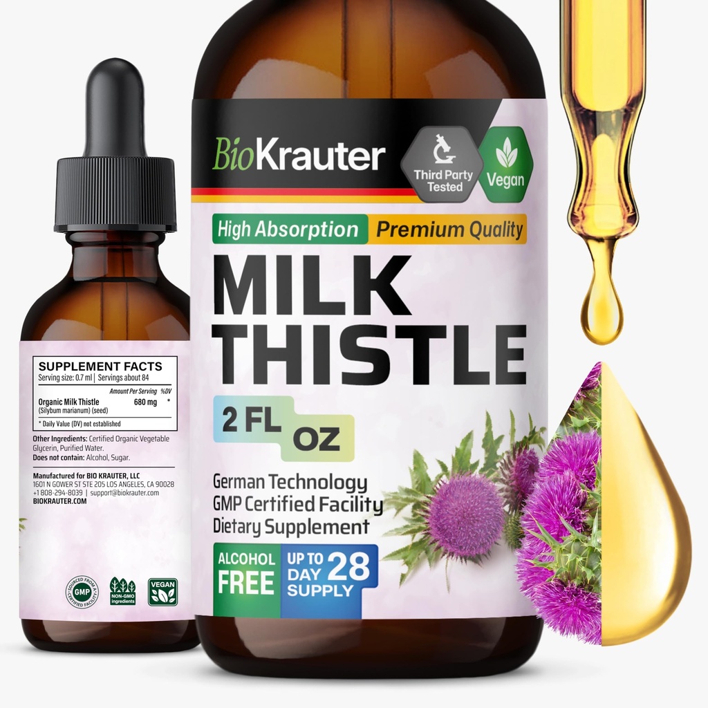 BIO KRAUTTER Milk Thistle Picături lichide - Milk Thistle Silymarin Supliment de suport hepatic - Alcool și zahăr Tinctură gratuită pentru ficat Cleanse Detox - 2 Fl. Oz.
