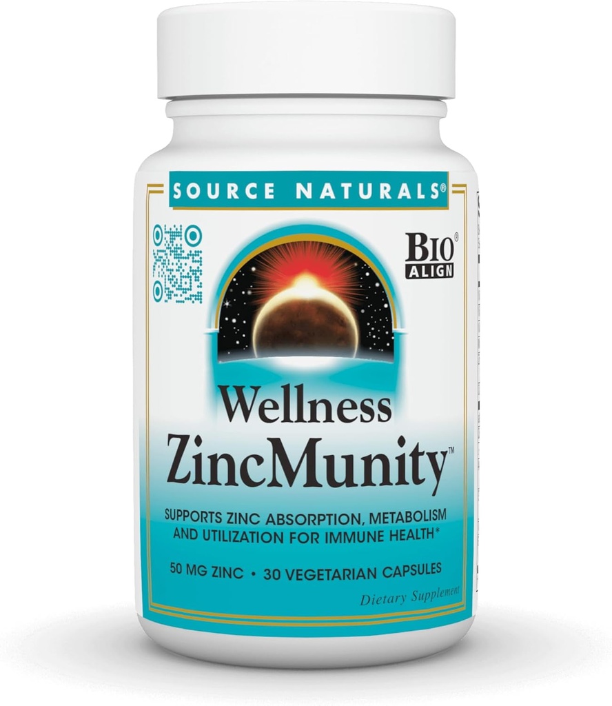 Sursa Naturals Wellness ZincMunity, sprijină absorbţia zincului, metabolizarea şi utilizarea pentru sănătatea imună*, 50 mg Zinc - 30 Capsule vegetariene
