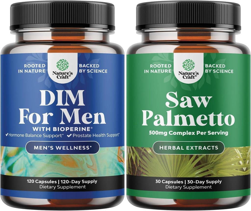 Bundle of Advanced DIM Supplement for Men - Estrogen Blocker and Extra Force Saw Palmetto Extract - for Women and Men's Hair Health and Urine Support