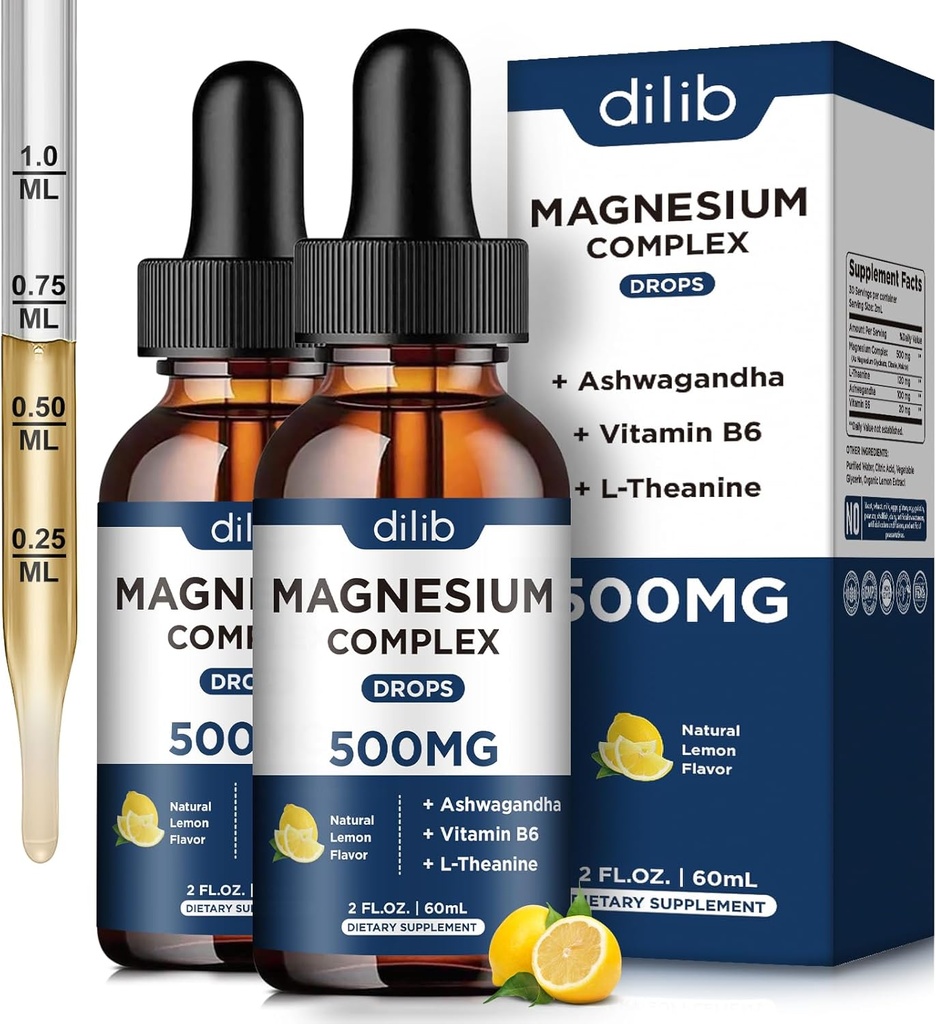 (2 ambalaj) Glicinat de magneziu, Citrate, Malate lichid picături- Triple Complex de magneziu Supliment 500mg cu Ashwagandha, L-Teanină, Vitamina B6-Suport Calm, Stres Relief, Somn, Muscle-Lemon Flavor