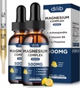 (2 ambalaj) Glicinat de magneziu, Citrate, Malate lichid picături- Triple Complex de magneziu Supliment 500mg cu Ashwagandha, L-Teanină, Vitamina B6-Suport Calm, Stres Relief, Somn, Muscle-Lemon Flavor