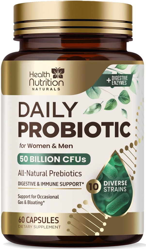 Probiotice 60 Miliarde CFU + 10 Trains - Daily Probiotic Lactobacillus Blend for Immune, Digestive & Gut Health Support, Prebiotics and Probiotics, Gas & Blooting for Women & Men - 60 Capsule