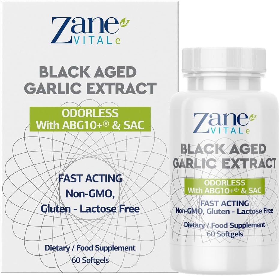 Zane - Capsule negre de usturoi în vârstă - Sistem imunitar, tensiune arterială și suport de sănătate Colesterol - Mai puțin Odor - Mai eficient decât allicin - 60 capsule non-GMO, Gluten - 