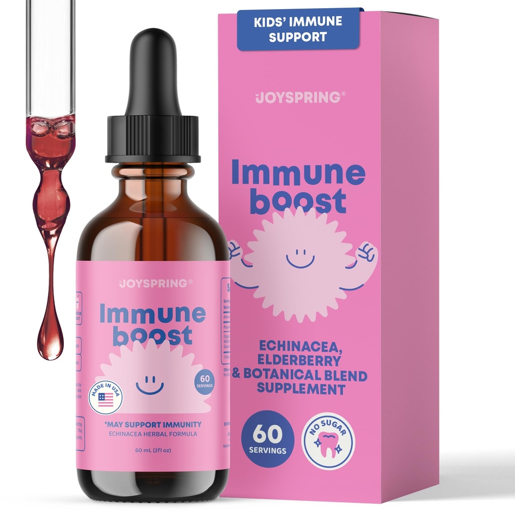 JoySpring Picături imune - copii Suport imun Supliment lichid (2 fl oz) - Echinacea, Elderberry, Oregon Root de struguri, Orange Peel, Vitamine A, B6, C - Sistem de suport natural pentru copii și adulți