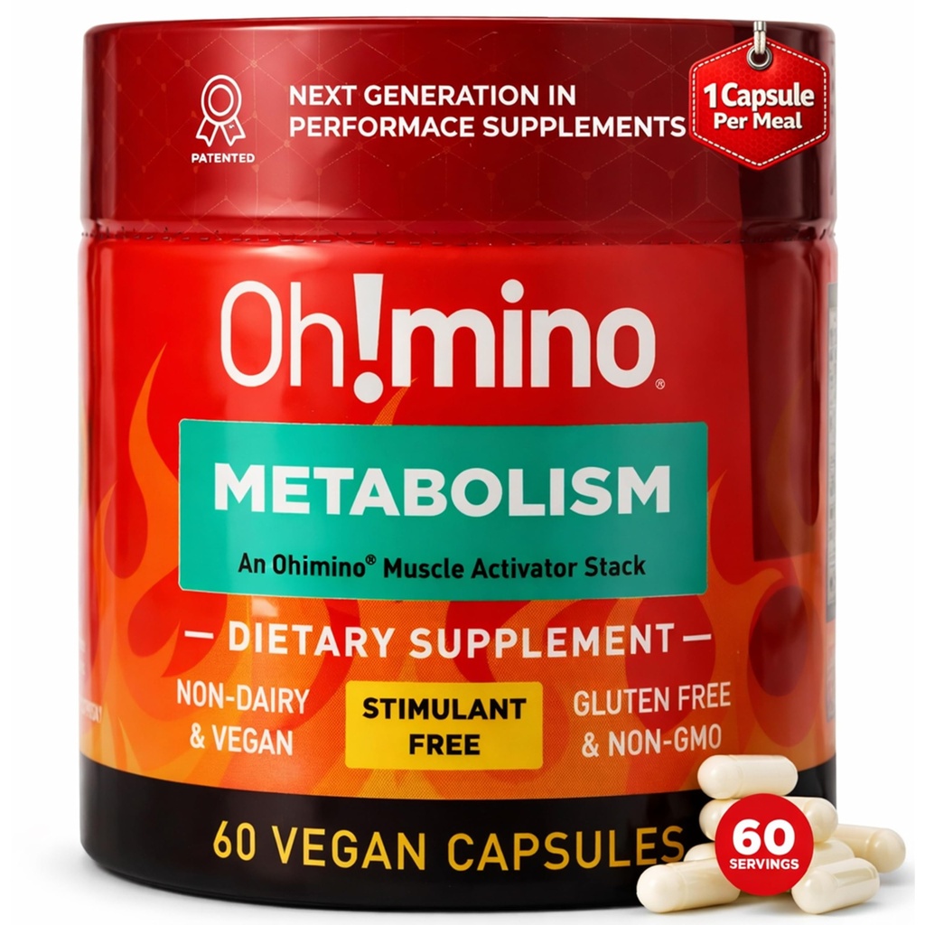Oh!mino Metabolizare Supplement de suport pentru grăsime eficientă la conversie energie w/L-Carnitina, Fenilcapsaicina, & Vitamina B3 - non-Jitters, Stimulant-Free, Vegan, Ne-Dairy Capsule (60 Servings)