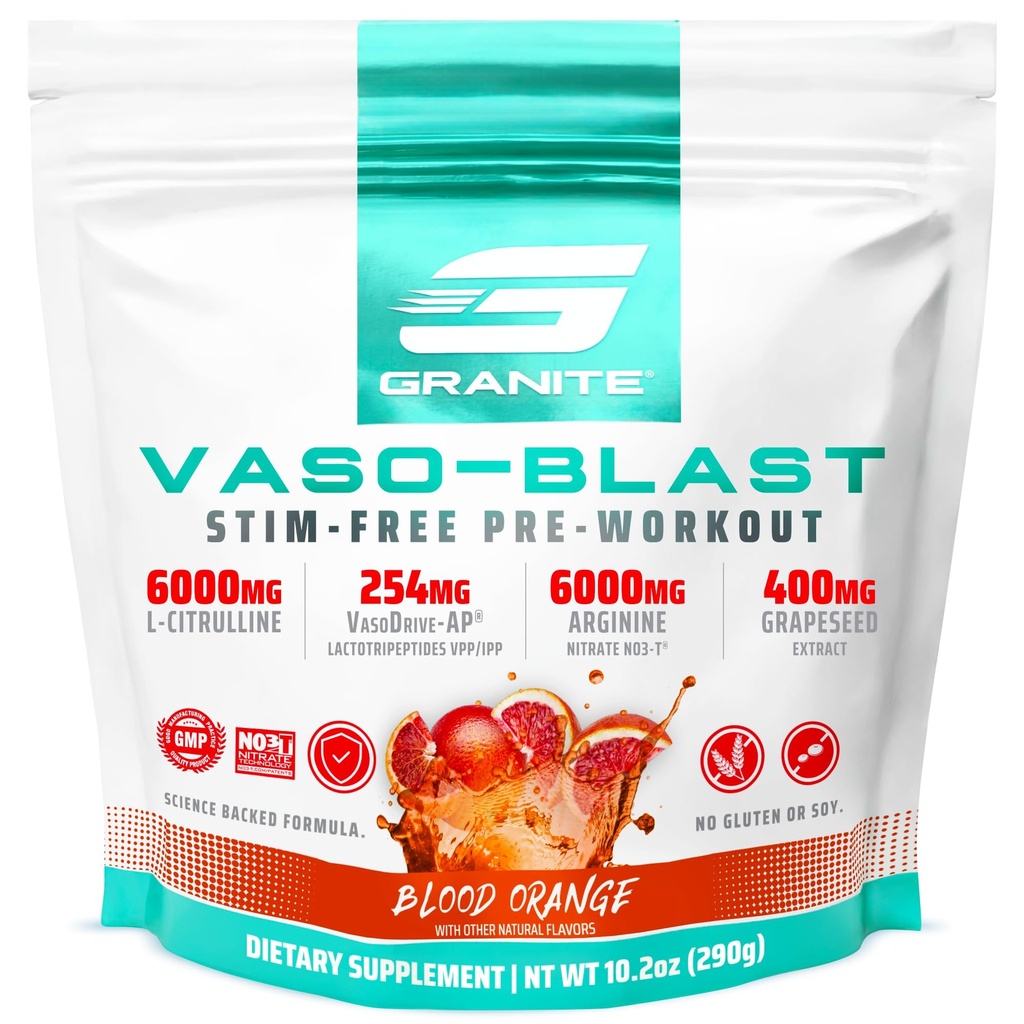Granite Nutrition Vaso Blast Stim-Free Pre Workout - Non-Stim Nitrooxid de suport pentru pompa, Physique, și capacitatea musculară - Orange sânge (290g)