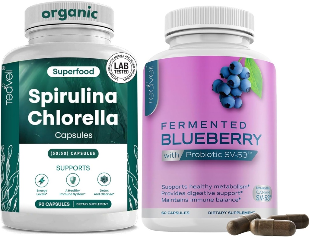 Teaveli Spirulina Chlorella și capsule de afine