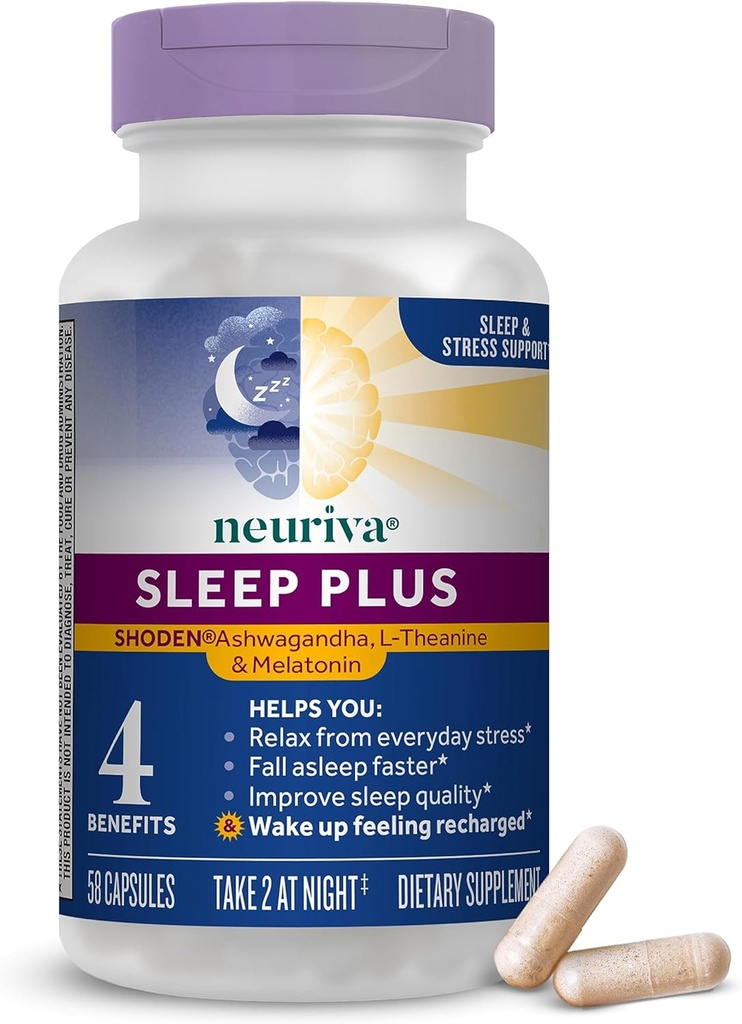 NEURIVA Sleep Plus cu 4-in-1 Beneficii - Testat clinic Ashwagandha, L-Theanin & Melatonina - Reduce stresul, Fall Asomn Rapid, Îmbunătăţirea calităţii somnului, Trezeşte-te Reîmprospătat*, 58ct Capsule