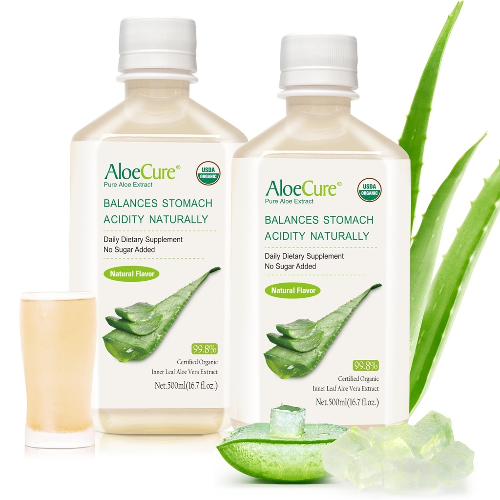 AloeCure USDA Organic Aloe Vera Juice Made Within 12 Hrs of Harvest - Pure Aloe Juice Natural Digestive Supplement to Support Digestion, Immune System and Balanced Stomac Acidity, 2 x 500ml Botts