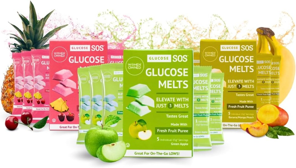 Glucose SOS Melts Made with Dextrose Powder Natural Fruit Puree Sugar, Like Glucose Tabs, Fast Acting Tablets That Melt with 15 Individual 15g Servings of 3 Different Flavors