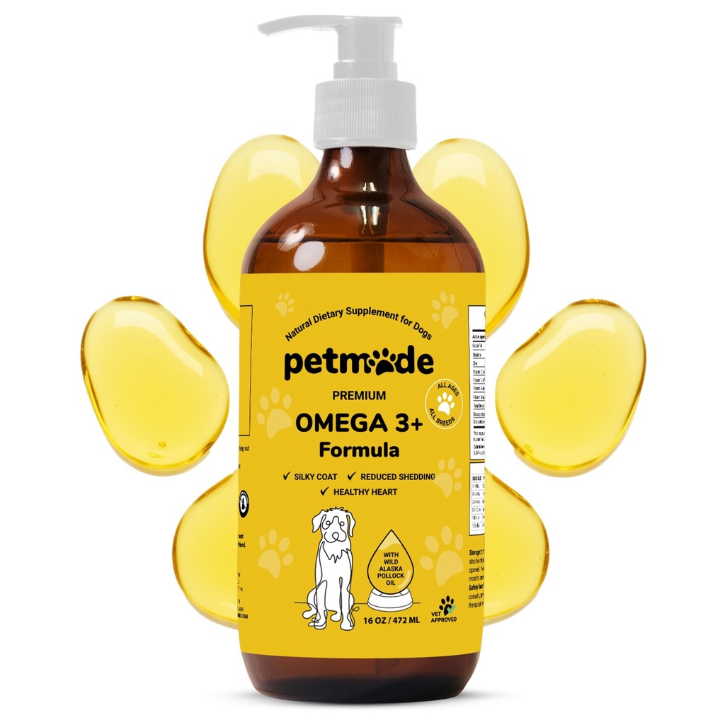 Omega 3 ulei de pește pentru câini Piele și haină - ulei de Alaska pollock sălbatic pentru piele mâncărime- Omega 3 acizi grași pentru câini - lichid EPA & suplimente DHA - cu zinc, vitamina C, B2, B7 & E - 16 Fl Oz