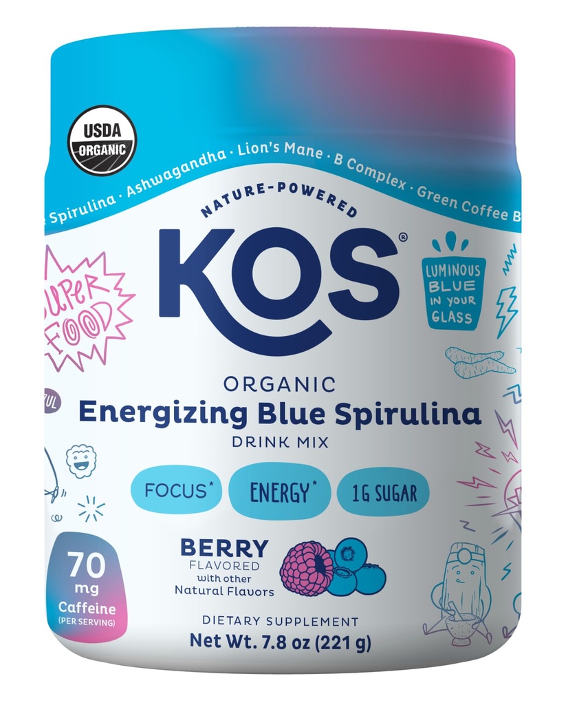 KOS Energizant Blue Spirulina Blend - USDA Certified Organic - B Vitamine, Ashwagandha, Ginseng, Adaptogens, Biotin - Vegan Pre Workout Powder - Cafeinat, Berry Flavored, 28 Servings