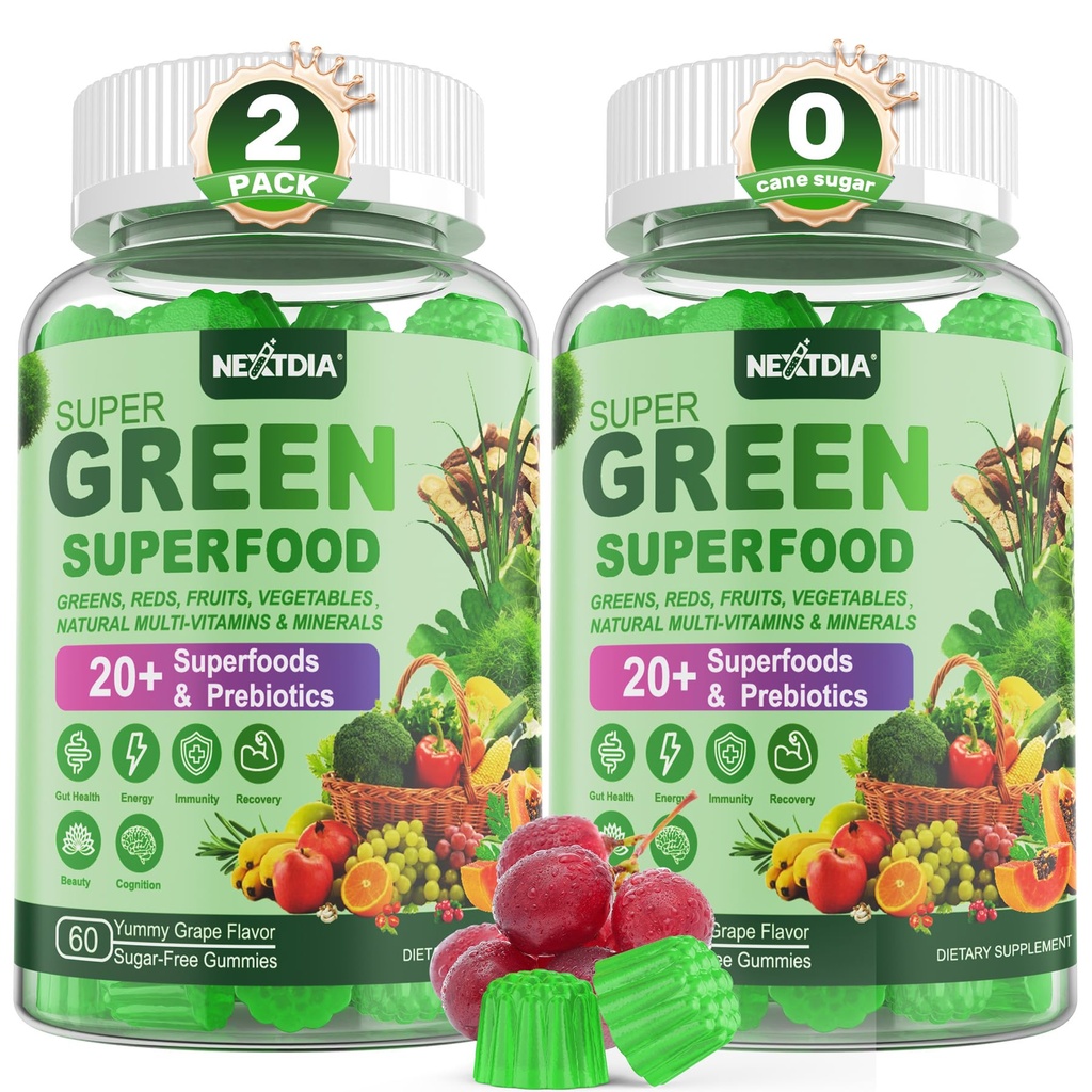 Super Greens Gummies, Greens Superfood Powder Alternative w/Spirulina, Chlorella, Prebiotic Fiber, Probiotic, fructe Veggie, Daily Fruit Lege for Digestive & Gut Health, Imunity, Focus, 120 Cts