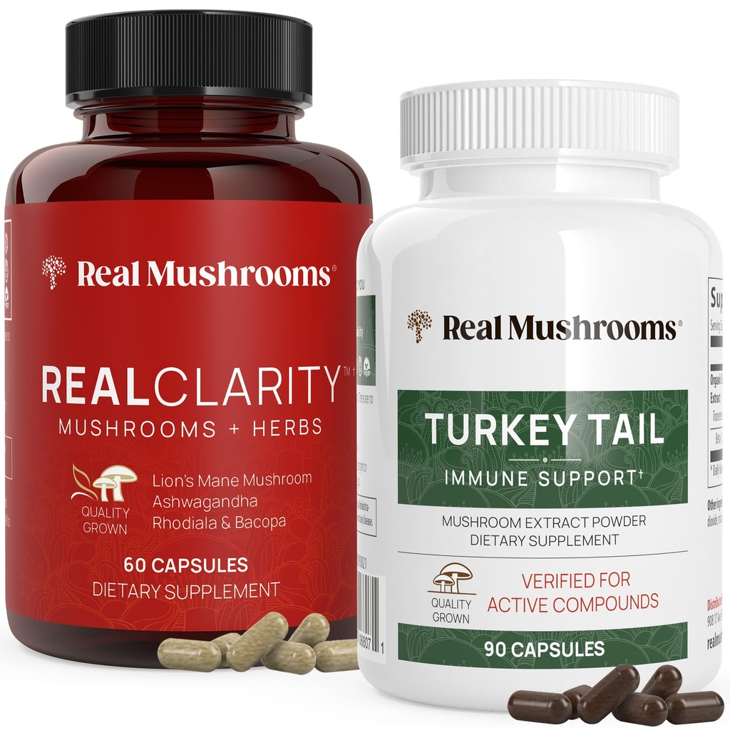 Ciuperci reale RealClarity (60ct) şi Turcia Coada (90ct) Capsule Bundle - supliment ciuperci pentru Claritatea mentala, Focus & Immune de sprijin - Vegan, non-GMO, Niveluri verificate de Beta-Glucans