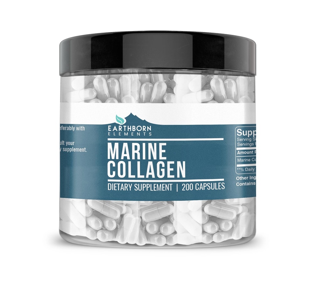 Elemente pământene Colagen Peptide (200 capsule) Colagen de pește hidrolizat, non-GMO, Scent-Free, Biodisponibil (960 mg Serving)