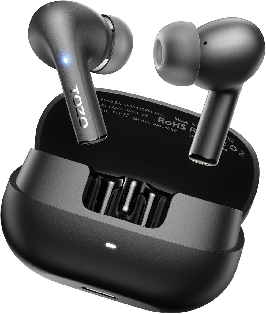 TOZO E2 Caiet wireless 10mm Drivere cu Bass puternic, App Personaliza 32 EQ-uri, cu 2 Mics Al Call Noise Anulare, 30H Playtime, Bluetooth 5.3 Muguri urechi, Comfort Fit in-Ear Căști