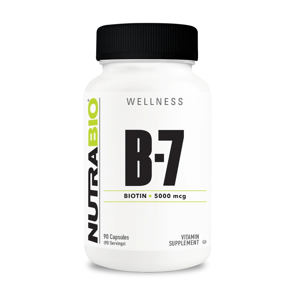 NutraBio Biotina (Vitamina B-7) Supliment, 5000mcg - poate ajuta la promovarea parului sanatos, piele si unghii, 90 capsule vegetale
