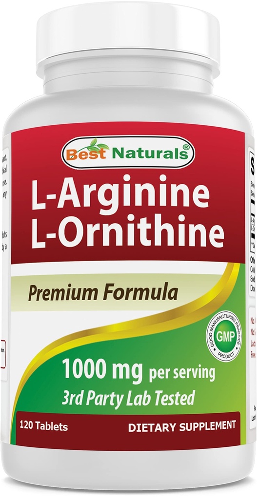 Cele mai bune naturale L-Arginină L-Ornitină - 1000 mg per Serving - 120 comprimate - non-GMO & Gluten Free (120 Conte (Pachet de 1))