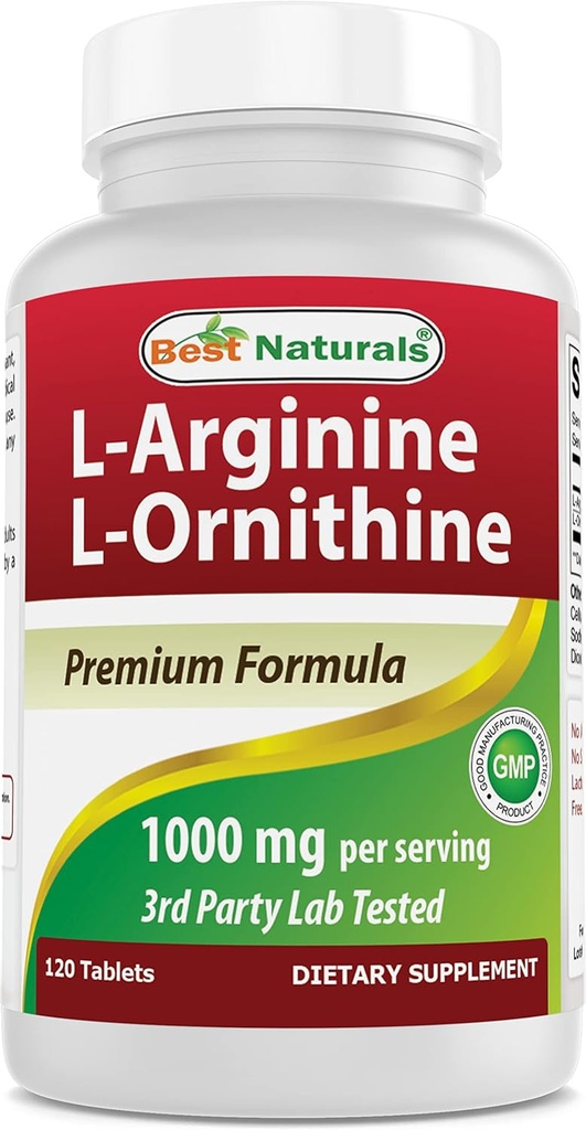 Cele mai bune naturale L-Arginină L-Ornitină - 1000 mg per Serving - 120 comprimate - non-GMO & Gluten Free (120 Conte (Pachet de 1))