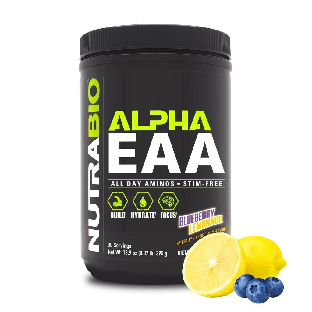 NutraBio Alpha EAA - All-Day Aminoacids for Muscle Growth and Hydration - Essential Aminoacids with Nootrops & Adaptogens- Full Spectrum EAA BCAA Powder - 30 Servings - Blueberry Lemonade