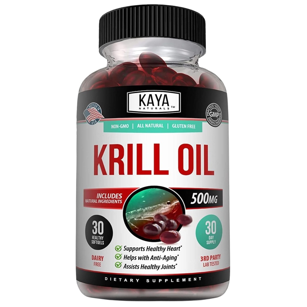 Kaya Naturals - Antarctica Krill Oil 500mg cu Omega 3, EPA, DHA, Phospolipids & Astaxanthin Supliment - Brain & Health Vitamina - Anti Aging Supliment - 30 Conte Softgels