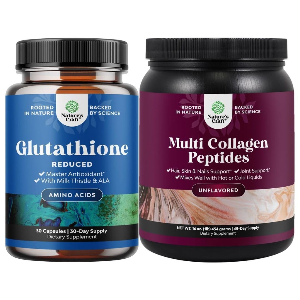 Bundă de supliment Glutatione reduse cu lapte Thistle - 500 mg per Servire L Glutatione pur și Multi Colagen Proteine pulbere - Keto Hidrolyzed Colagen Peptides Hair Skin & Nails Vitamis