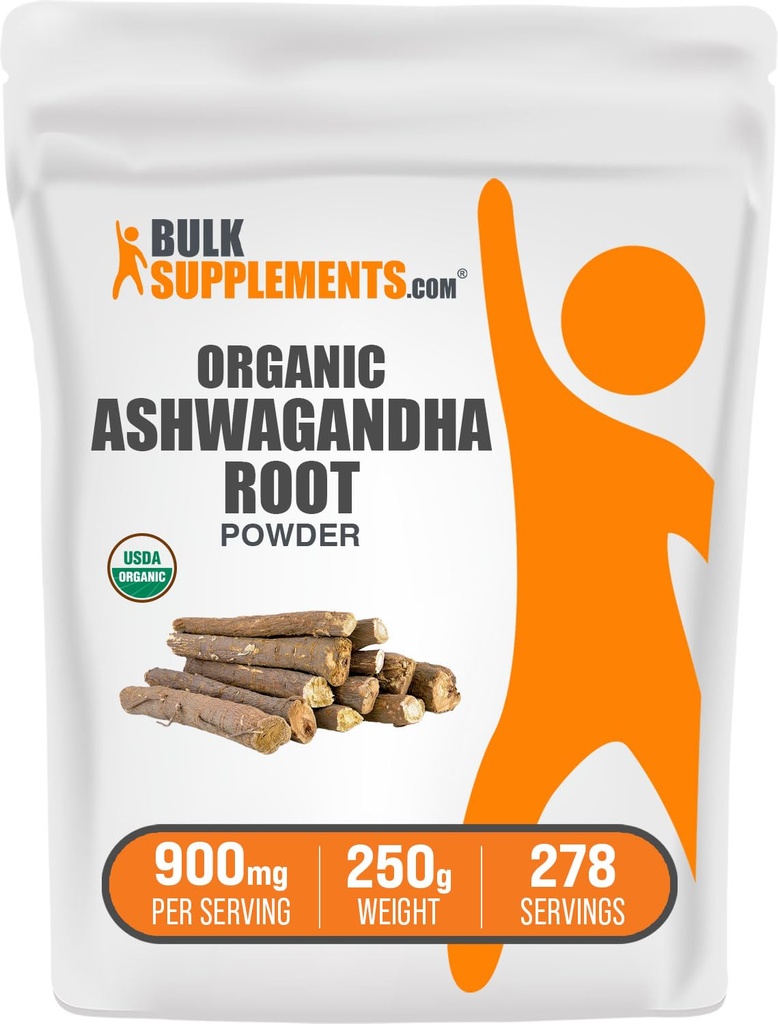 BulkSupplements.com Pudră organică Ashwagandha - Suplimente organice Ashwagandha, Sursat de rădăcină Ashwagandha - Gluten gratuit, 2g per Serving, 250g (8,8 oz) (Pachet de 1)