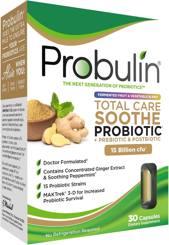 Probulin Total Care Soothe Prebiotic, Probiotic și Postbiotic + Ginger & Mint pentru Soothing digestiv - 15 Miliarde CFU - 15 Strains - 30 capsule Vegan