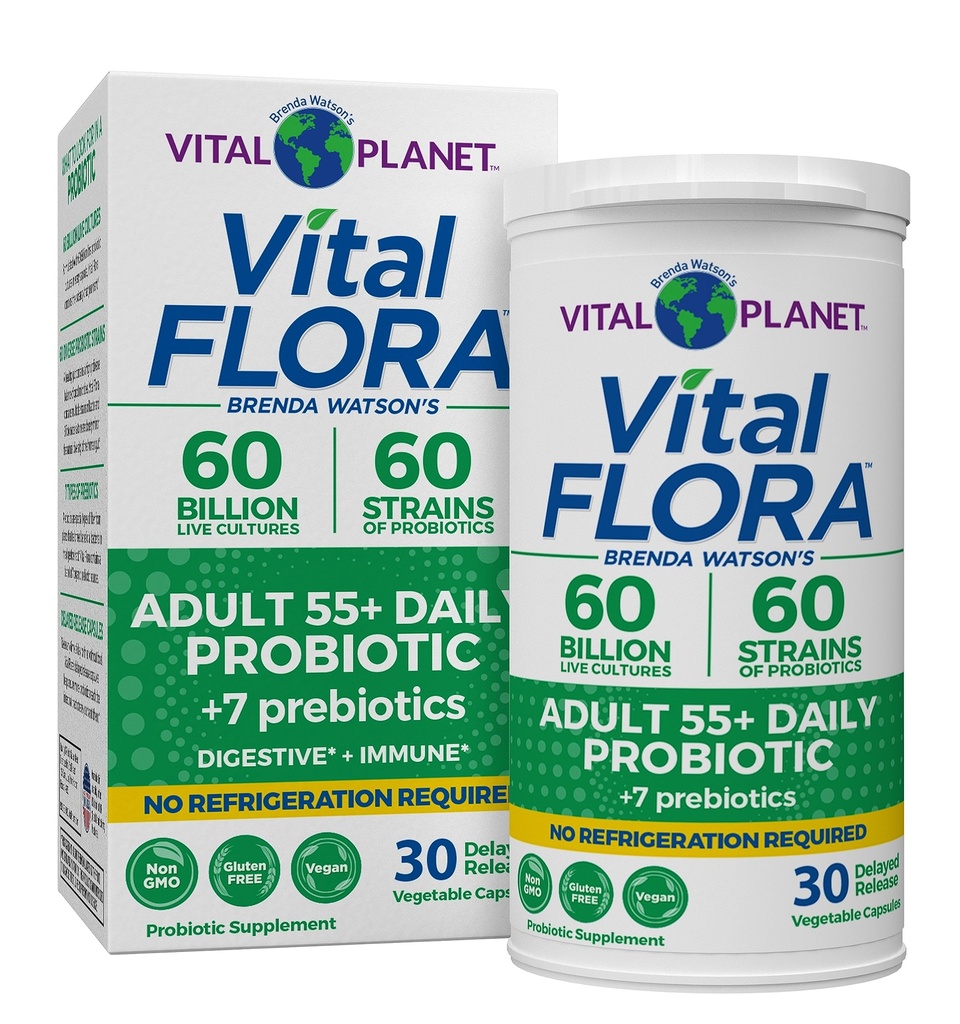 Planeta Vital - Vital Flora Adulți Peste 55 Daily Probiotic 60 Miliarde CFU, Strine diferite, Prebiotice organice, Immun și Digestive de sănătate Probiotice stabile pentru femei și bărbați, 30 Capsule