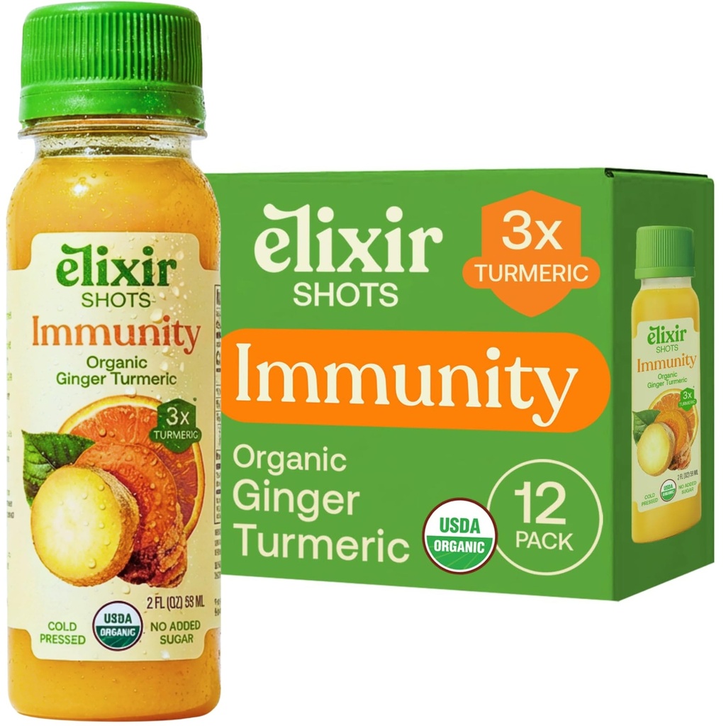 Elixir Shots, Imunitate Boost Wellness Shot cu Turmeric rece-Pressed, Ginger, Orange și Pepper negru, fără adaos de zahăr sau ingrediente artificiale, 12-pack