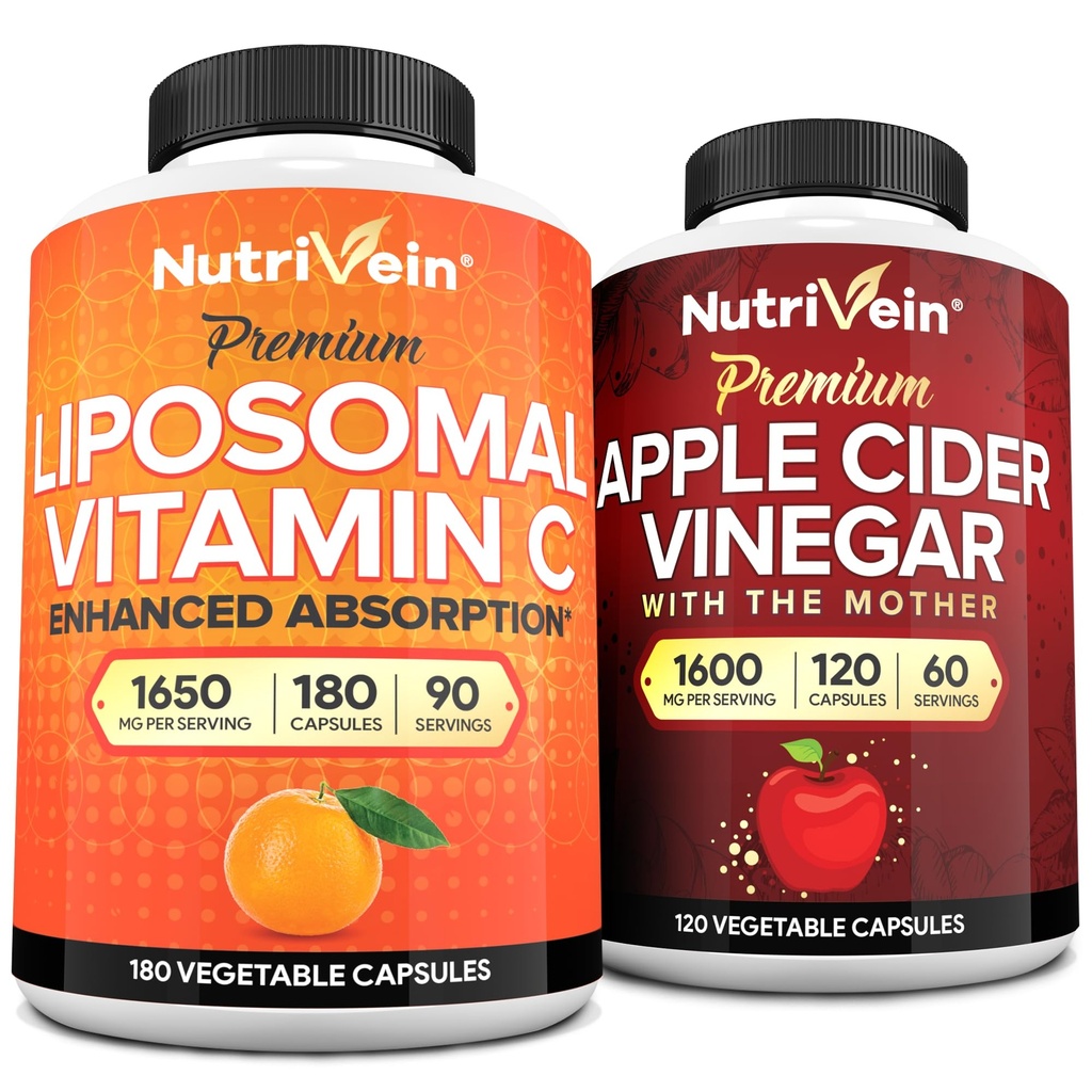 Nutrivein Premium Apple Cidru Oțet Capsule și Liposomal Vitamina C Supliment Bundle: High-Absorbție Vitamina C Capsule & Apple Cidru Suplimente Oțet Bundle pentru apărare imună și Gut Health