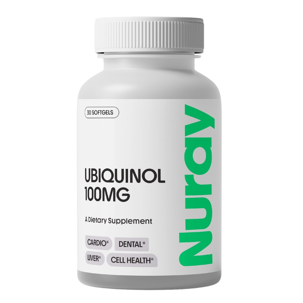 Nuray Ubichinol 100 mg Softgels, forma activa de CoQ10 pentru sanatatea cardiovasculara si dentara, suport imunitar fara gluten, imbunatateste sanatatea ficatului, 30 Conte