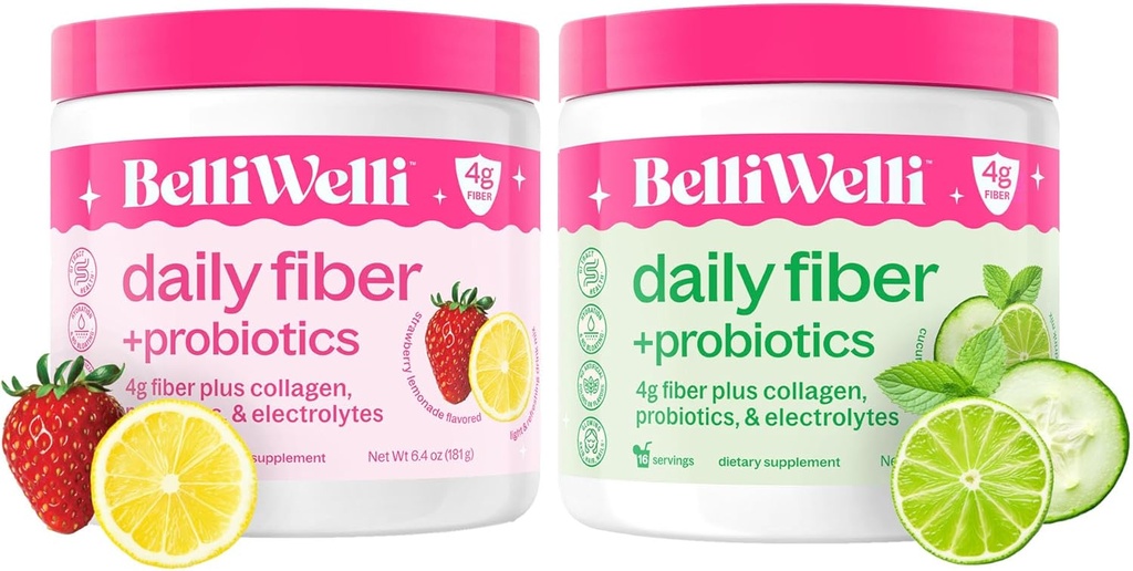 Belli Welli Daily Fiber Supplement Duo - Strawberry Lemonade & Castravete Lime Mint - cu Colagen, Probiotics & Electrolytes - arome revigorante pentru wellness echilibrat - 32 Serviri totale