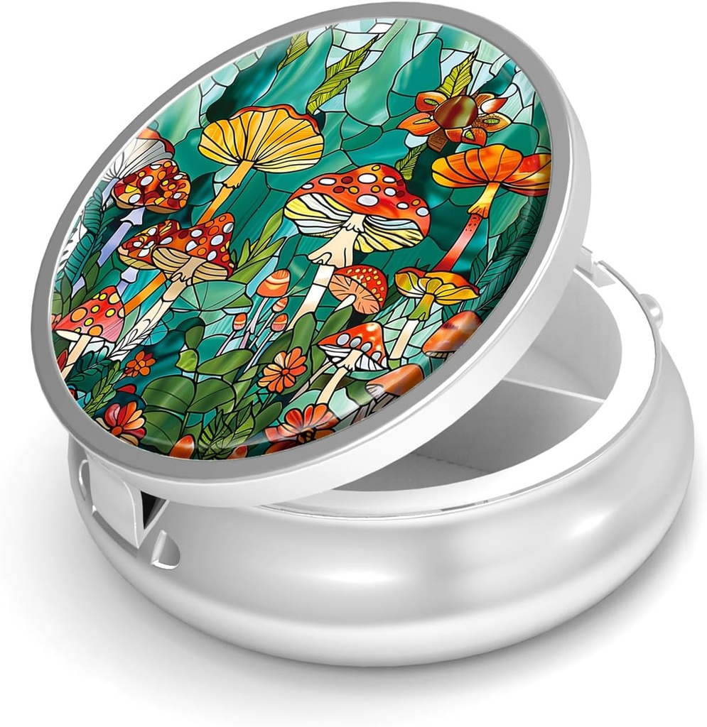 Cutie de pastile-3 Compartiment de mici pastile pentru Purse & Pocket Mini Metal Pilula Holder Travel Pilula Container pentru a ține suplimente Vitamine BPA-Free (Pădurea ciupercilor)