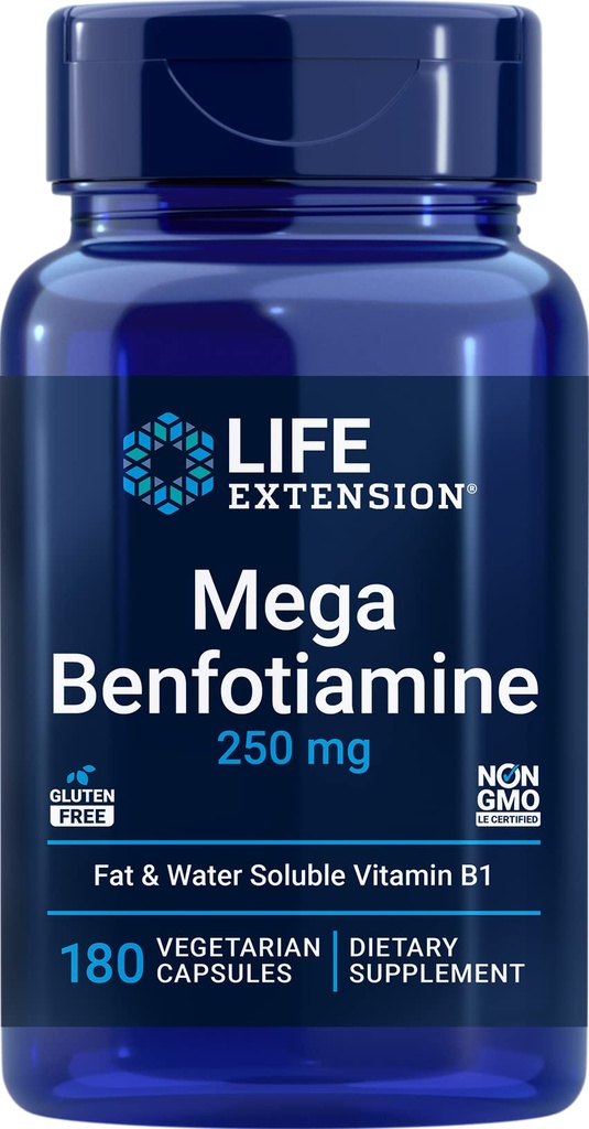 Life Extensie Mega Benfotiamină, 250 mg, 180 Veg capace cu tiamină - vitamina B1 Supliment