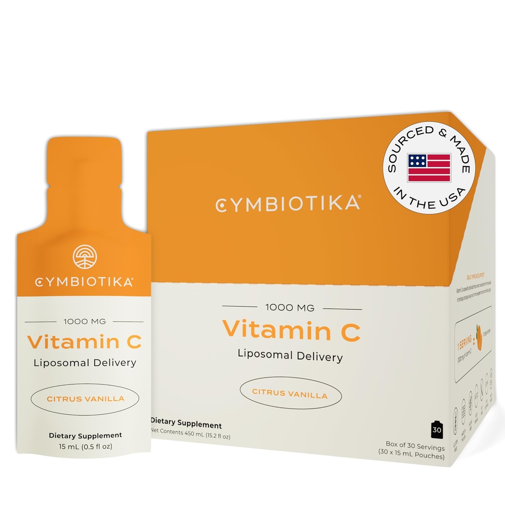 CYMBIOTIKA Vitamina C Pachete individuale, Livrare lipozomala, Supliment pentru suport imunitar, Colagen Boost, & imbatranire sanatoasa, Pachete de hidratare a pielii, Citrus vanilla, 30 Conte