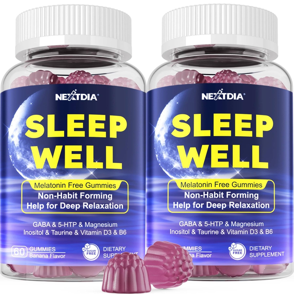 Melatonina Gumries de somn liber cu magneziu Glycinate, GABA, 5-HTP, L-Theanină, Valerian, Chamomile, Lemon Balm, Vitamina D3 & B6 - Hormon & Drug- Free, Non-Habit Forming,2 Pack