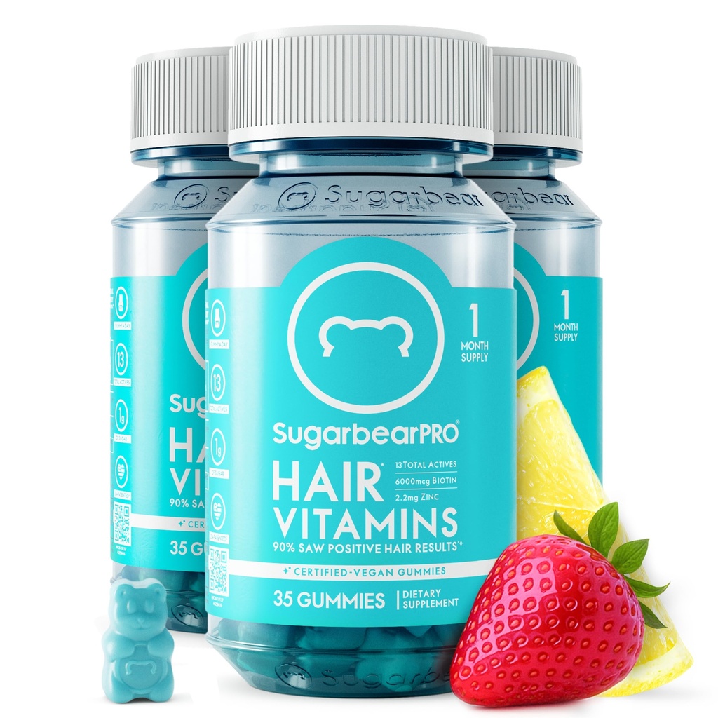 SugarBearPro Hair Vitamina Gummy 3 lună aprovizionare extra Putere Biotin 6000mcg, Creşterea pentru bărbaţi şi femei, Vegan Vitamina B12, MSM, Inositol, Omega 3, Elderberry, Certified Kosher, Halal, Cruzime-Free