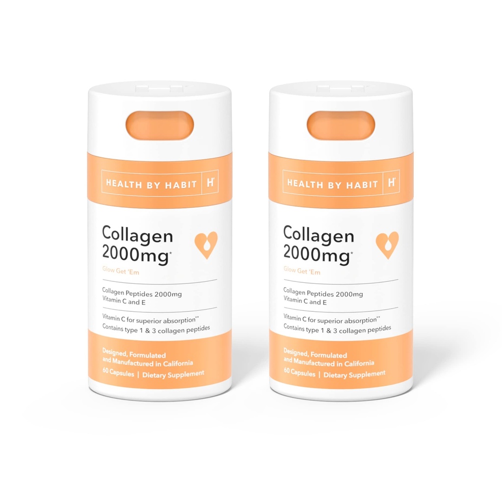 Health by Habit Colagen Supliment 2 Pack (120 capsule) - Vitamina C & Vitamina E, 2000 mg, Colagen Peptide, Absorbţie superioară, Suport pielea ta, Non-GMO, Zahăr gratuit (2 ambalaj)