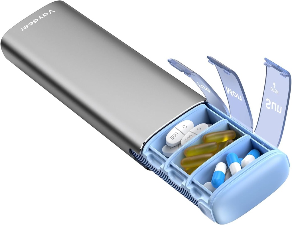 Vaydeer Metal Travel Pill Organizator, 7 zile Săptămânal Pilula cutie, Capacitate mare Drăguț zilnic Pilula caz pentru suplimente, pastile, vitamine și medicamente (Small, Gray)