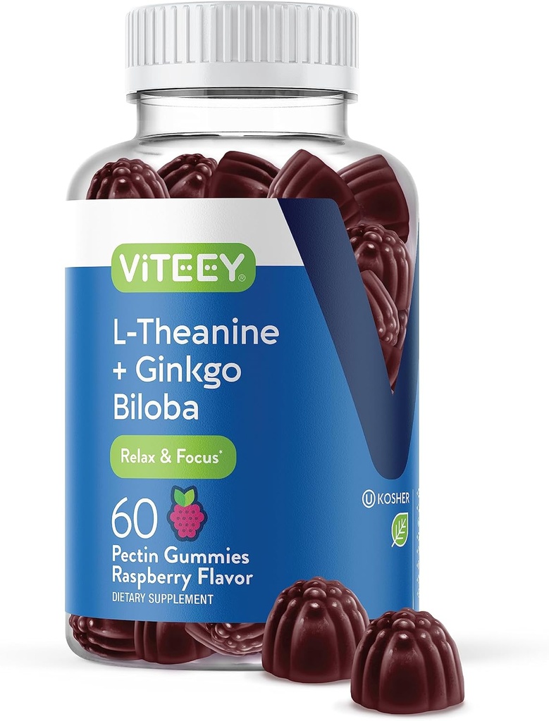 Viteey L-Theanine Gummies cu Ginkgo Biloba pentru adulți - SIDA în Focus & Relaxați-vă, Îmbunătățiți Mood - Non OMG, Gelatină gratuit, Vegan, Gluten gratuit, natural obținute Chewable Raspberry gustoase