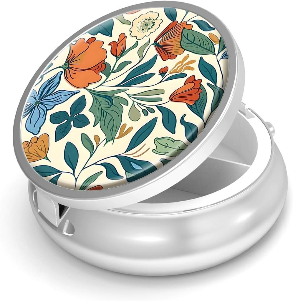 Cutie de pastile-3 Compartiment de mici pastile pentru Purse & Pocket Mini Metal Pilula Holder Travel Pilula Container pentru a deține suplimente Vitamine BPA-Free (Floral Model)