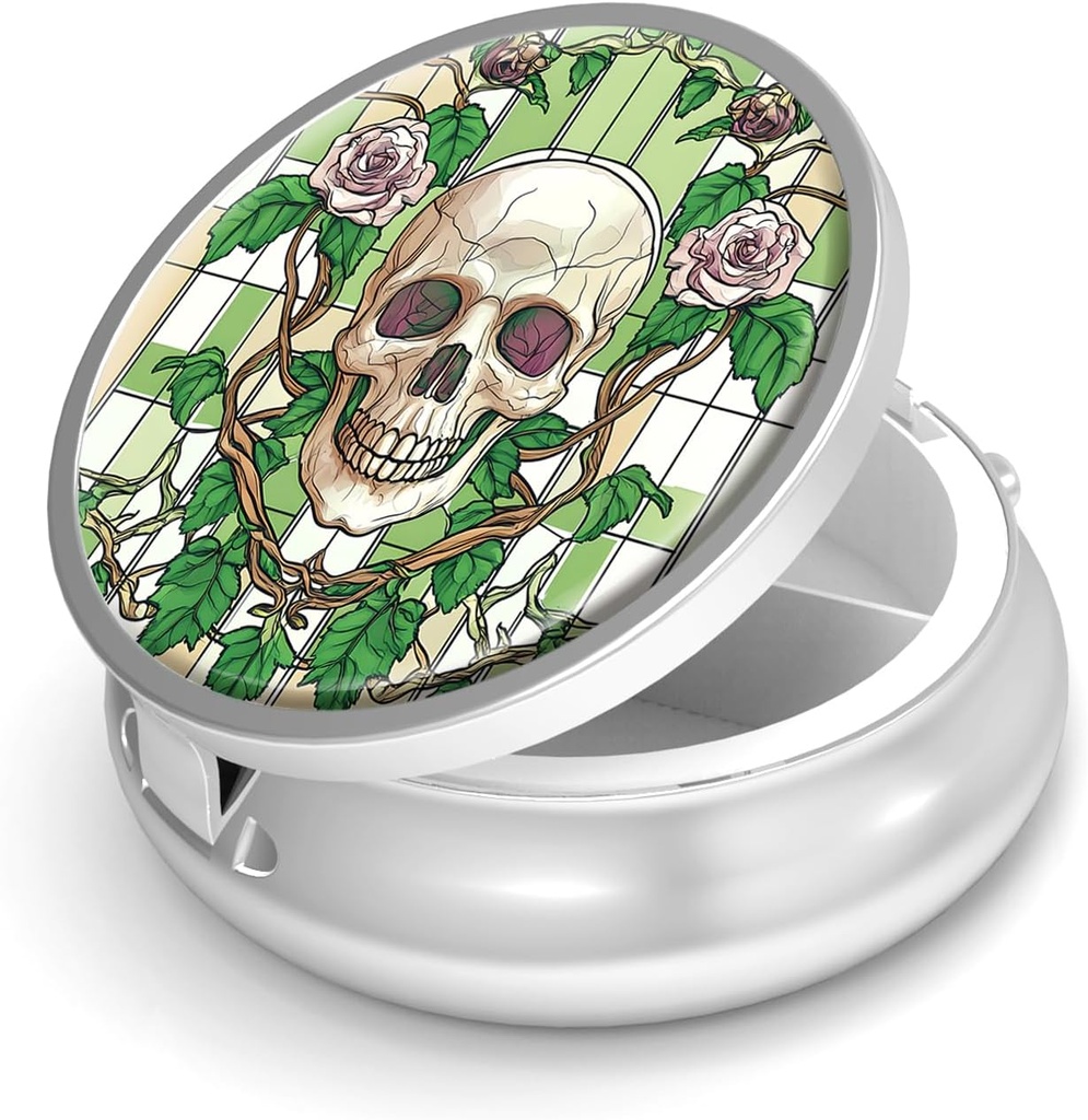 Cutie de pastile-3 Compartiment mini-case pilula pentru Purse & Pocket Mini Metal Pilula Holder Travel Pilula Container pentru a tine Suplimente Vitamine BPA-Free (Craniu si Rose)