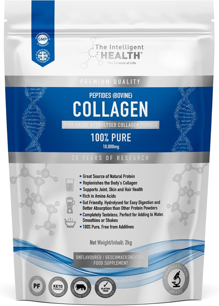 Inteligenta sanatate Hidrolized Colagen Peptides pulbere, Iarba Fed, Proteina mare, Nearomate, Gluten-Free, Paleo & Keto prietenos, 10g per servire (2kg) Sprijină piele, păr, unghii, articulatii, & oase