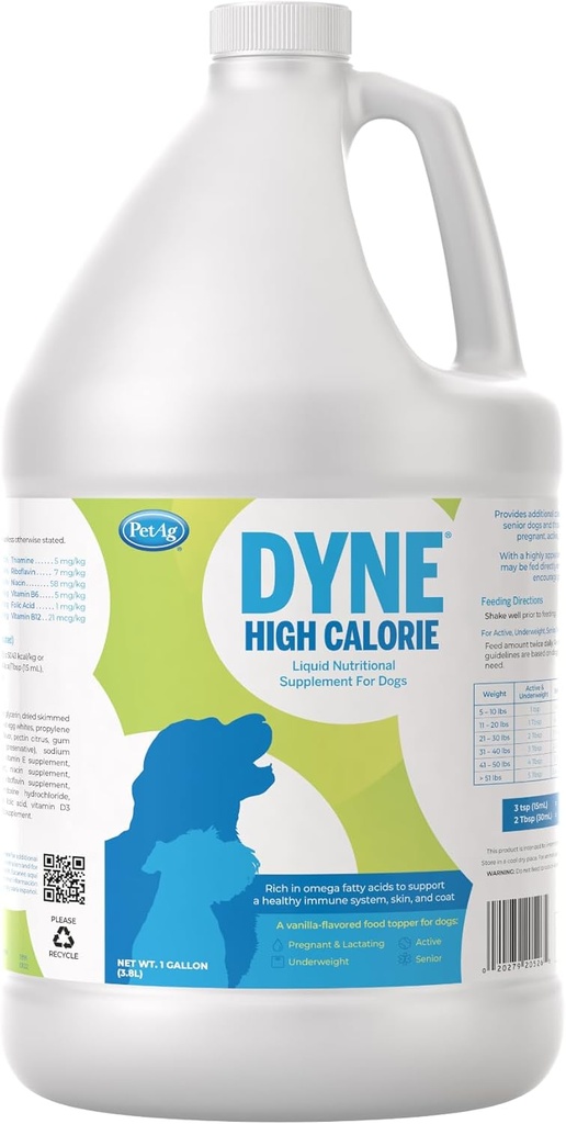 PetAg Dyne High Calorie Lichid Supliment nutritional pentru câini și căței 8 săptămâni și mai în vârstă - 1 Gallon - Sprijină performanța și perseverența - Aroma de vanilie dulce