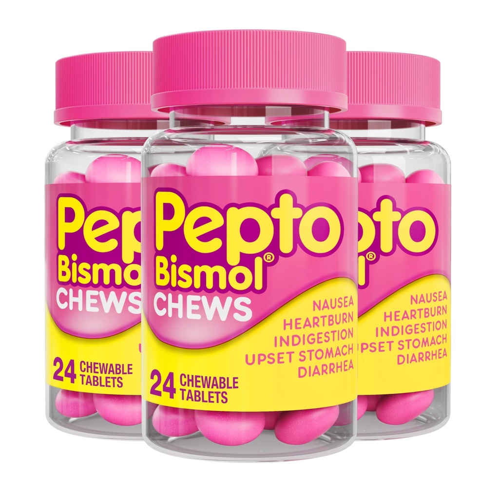 Pepto Bismol Chews, ajutor digestiv rapid și eficient de greață, arsuri la stomac, indigestie, stomac supărat, diaree, 72 Total (3 cutii de 24)