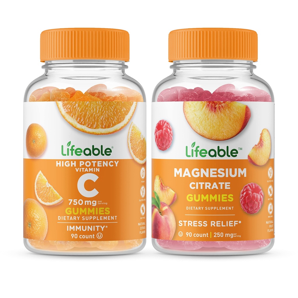 Vitamina de viață C 750mg + magneziu 85mg, Gummie Bundle - mare Tasting, Supliment de vitamine, gluten gratuit, OMG gratuit, Guma de mestecat